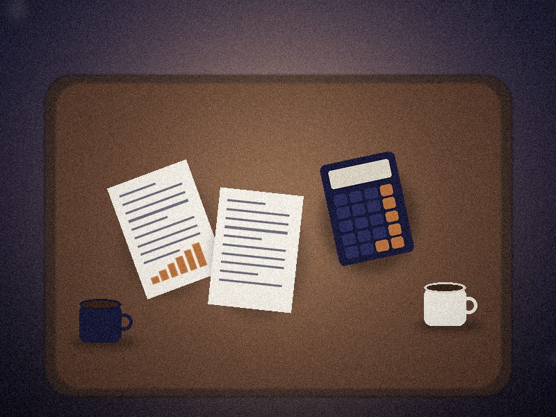 Vue de dessus d'une table de réunion en bois avec documents, calculatrice et tasses