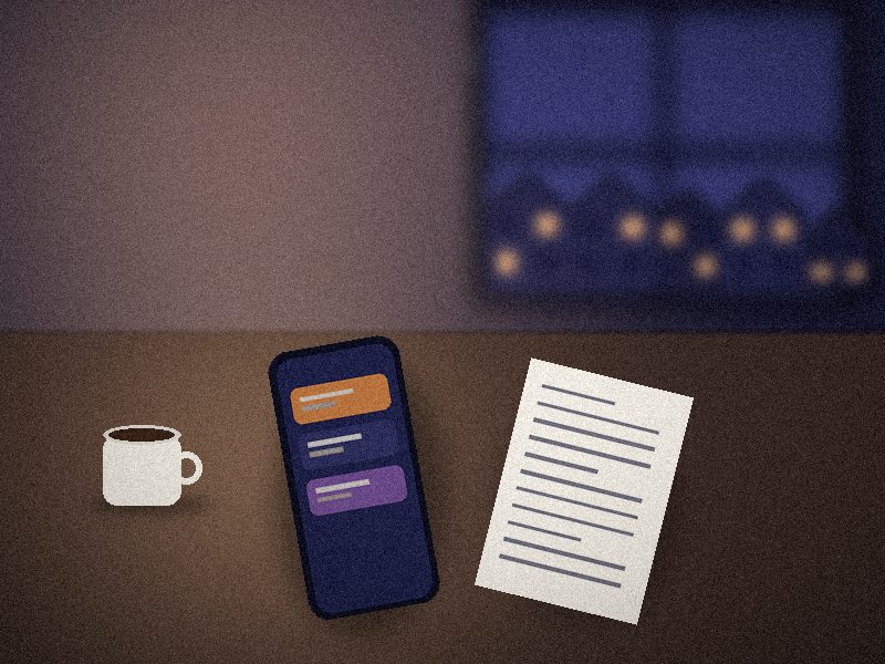 Bureau en soirée avec smartphone, document et tasse devant une fenêtre donnant sur la ville