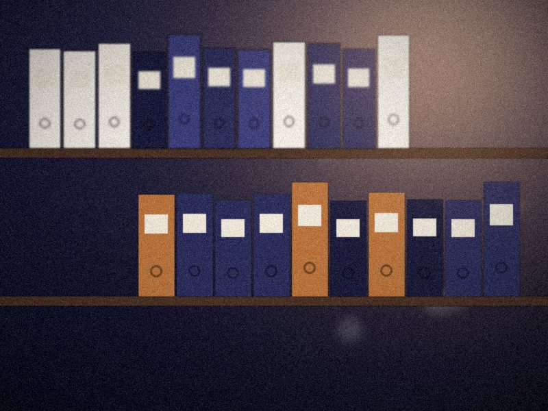 Étagères de classeurs bleus, cuivre et crème éclairés par une lampe